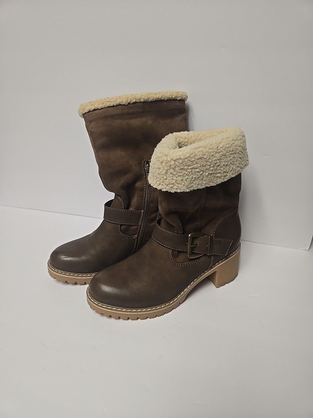 KATLIU Women's Lined Brown Mid Calf Boots / EUC Size 37 Size 6.5 Faux Fur Lined